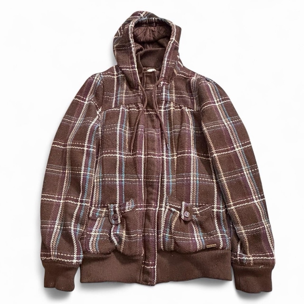 Roxy Plaid Quilted Lining Hooded Full Zip Jacket Y2K 2000s Skate Surf Casual - Picture 1 of 4